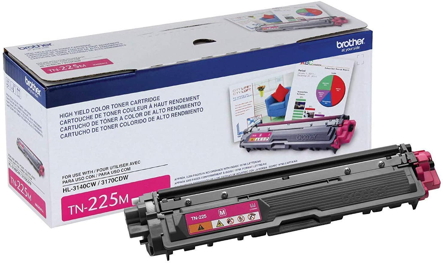 Brother Genuine OEM TN225M Magenta Toner Cartridge, Estimated Yield 2200